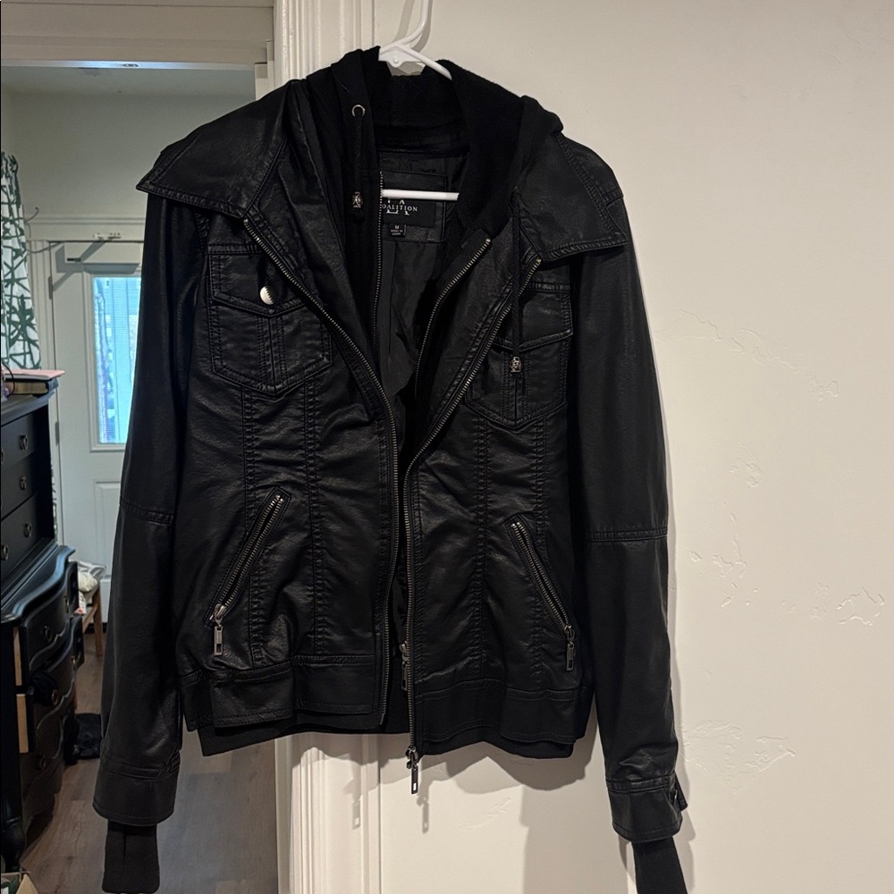 Coalition Black Faux Leather Jacket with Removable Hoodie